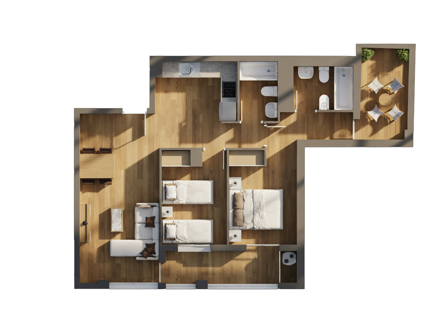 Plano renderizado de vivienda Tipo A de Real de la Isla
