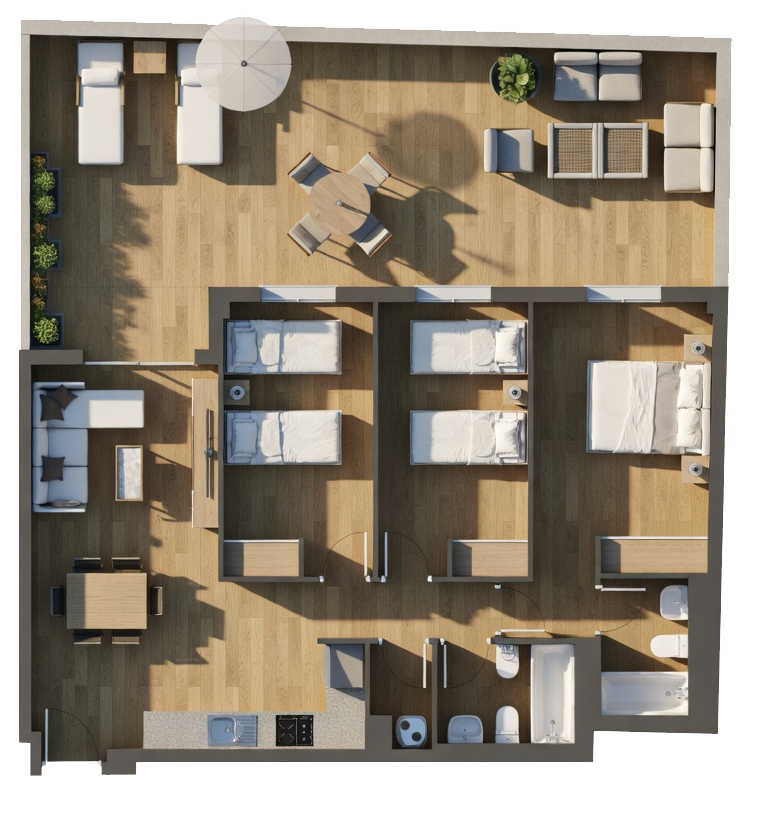 Plano renderizado de vivienda Tipo B de Real de la Isla